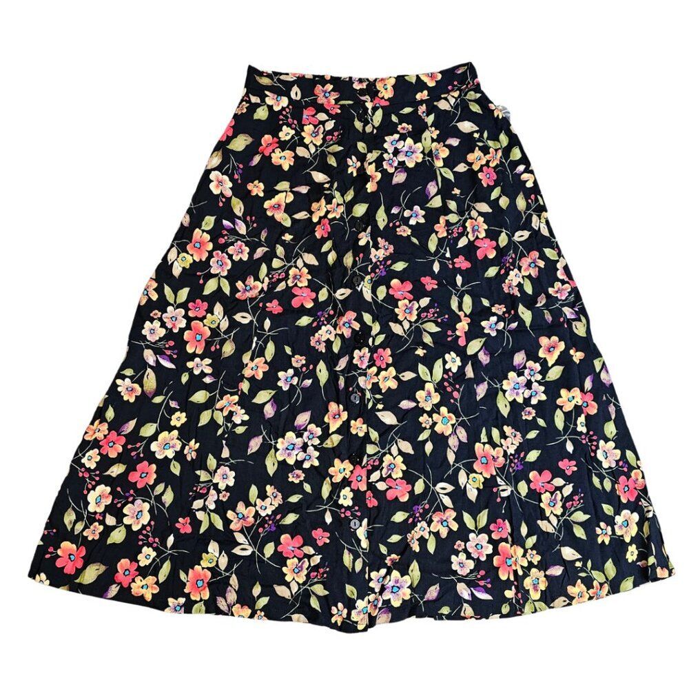 VINTAGE floral midi skirt Size M black button front cottagecore whimsigoth boho